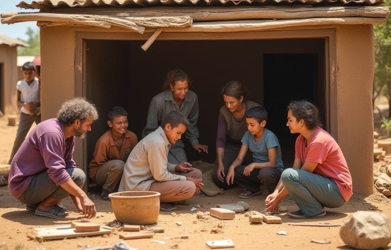Group of people collaboratively building a house.